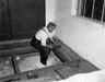 008223D: Blind carpenter at work on building construction, 1950