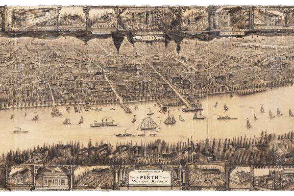 vintage hand drawn panoramic map of Perth from 1892