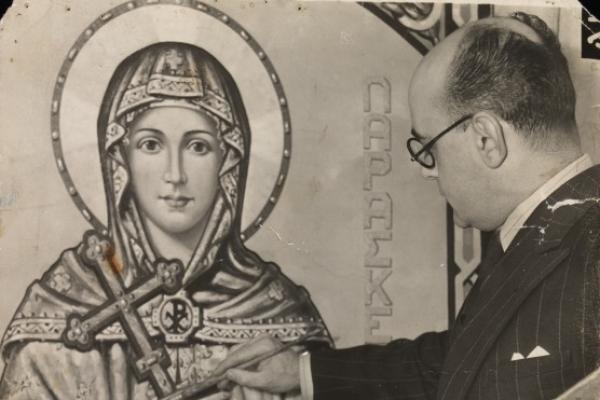 Vlase Zanalis painting an icon of St Paraskevi in the Greek Orthodox Cathedral of St Sophia Sydney