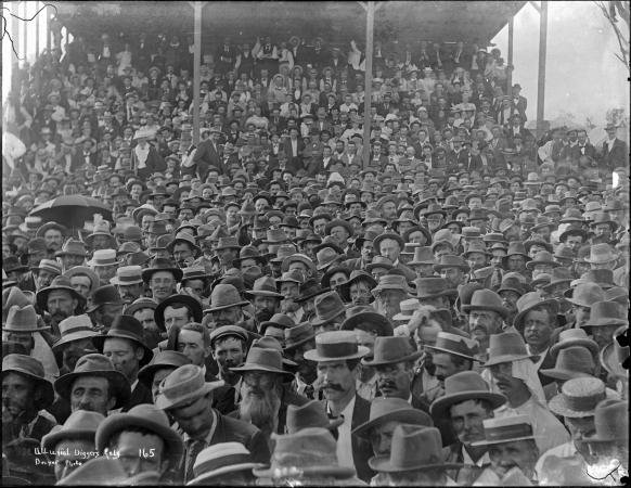 Grandstand filled to capacity with alluvial diggers demonstrating against new mining regulations Kalgoorlie 1898-1899
