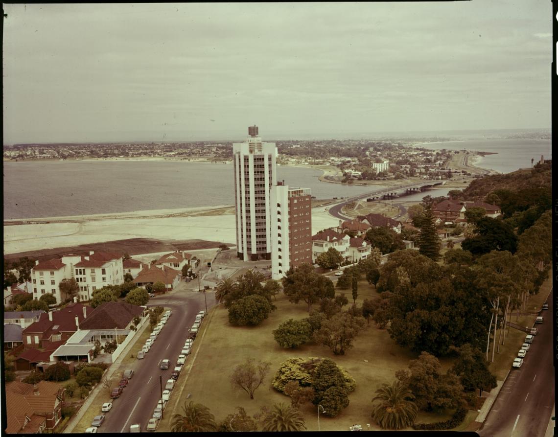 Southward view from Dumas House across Kings Park Mount Eliza Apartments and the Swan River reclamation toward South Perth Western Australia