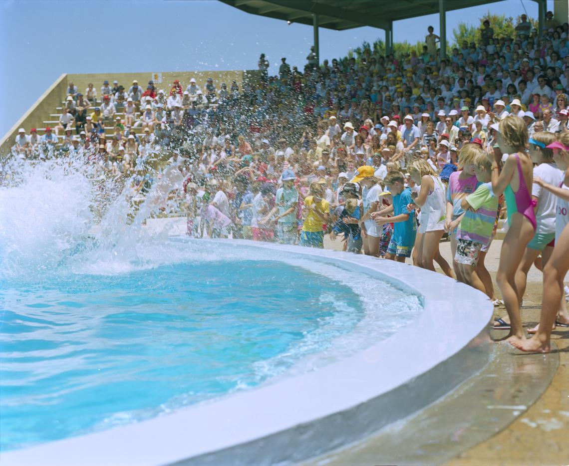 A crowd gets close to the dolphin show at Atlantis Marine Park Two Rocks 1987