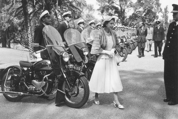 Royal visit inspecting motorcycle police escort 1954