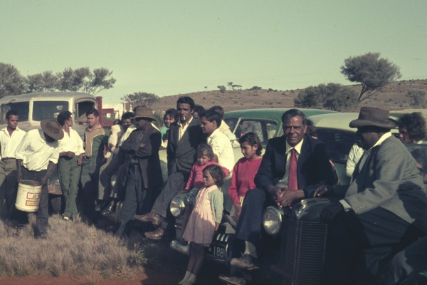 Families attend a camp service Mt Margaret Mission with singing and the message in language ca1950