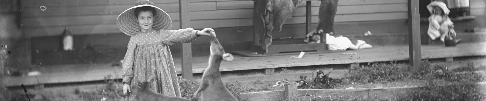 Girls feeds kangaroos 1900s