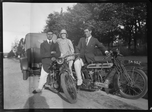Effie Fellows with young men posing on motorcyles