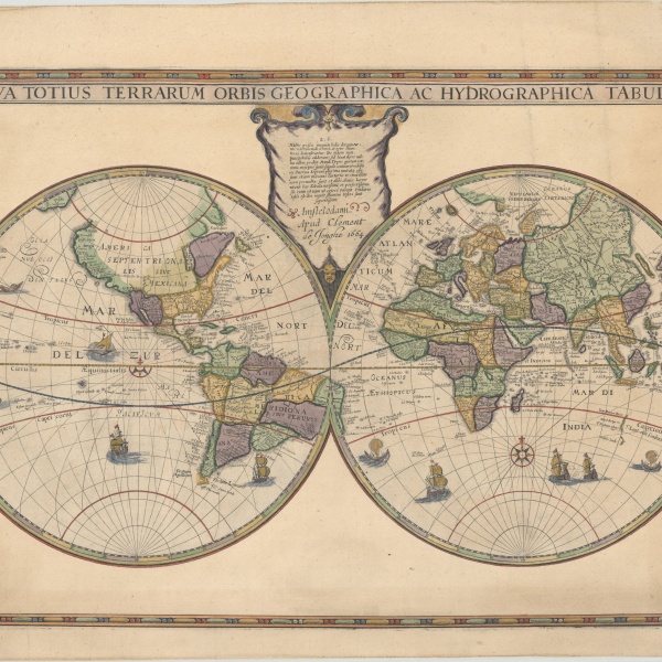 Hondius World Map by Jodocus Hondius 1594-1629 issued 1664